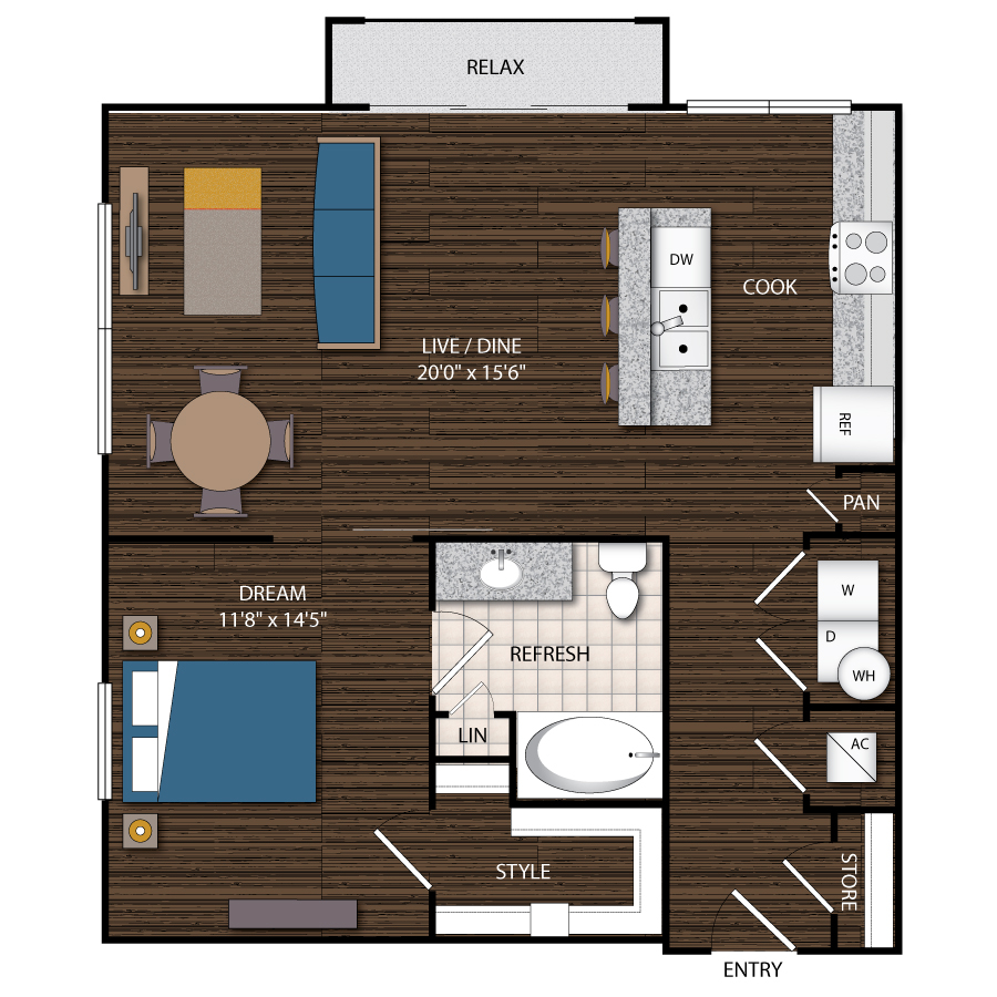Rendering of the A8 floor plan with 1 bedroom[s] and 1 bathroom[s] at Magnolia Station