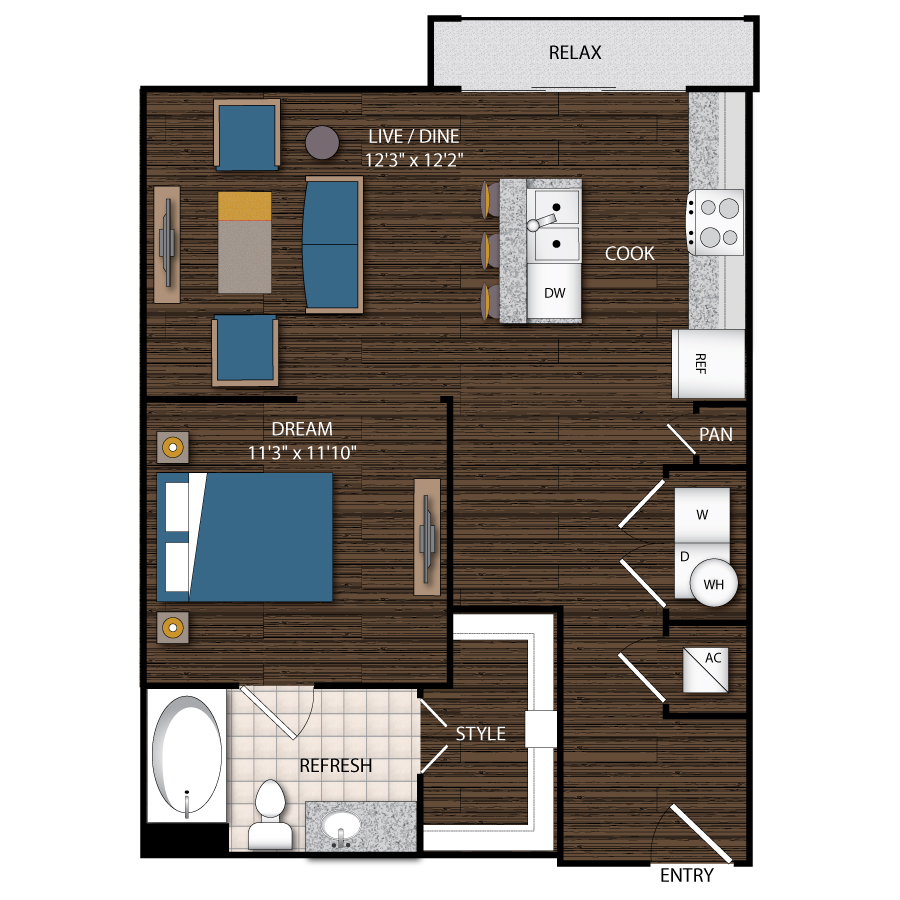 Rendering of the A7.1 floor plan with 1 bedroom[s] and 1 bathroom[s] at Magnolia Station