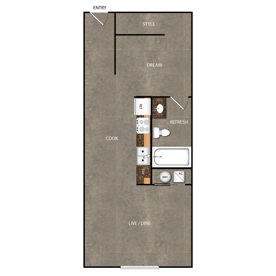 Rendering of the A1 floor plan with 1 bedroom[s] and 1 bathroom[s] at Magnolia Station