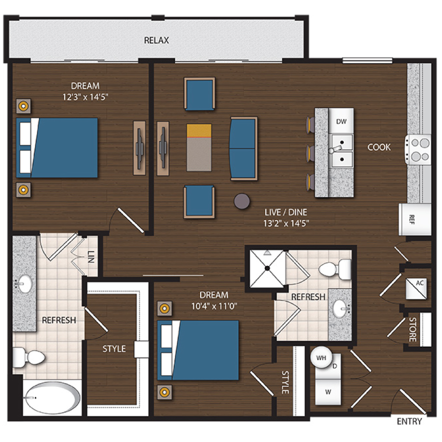 Rendering of the B2 floor plan with 2 bedroom[s] and 2 bathroom[s] at Magnolia Station