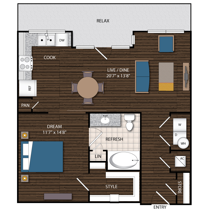 Rendering of the A7.4 floor plan with 1 bedroom[s] and 1 bathroom[s] at Magnolia Station