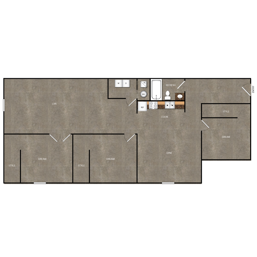 Rendering of the A101 floor plan with 3 bedroom[s] and 1 bathroom[s] at Magnolia Station
