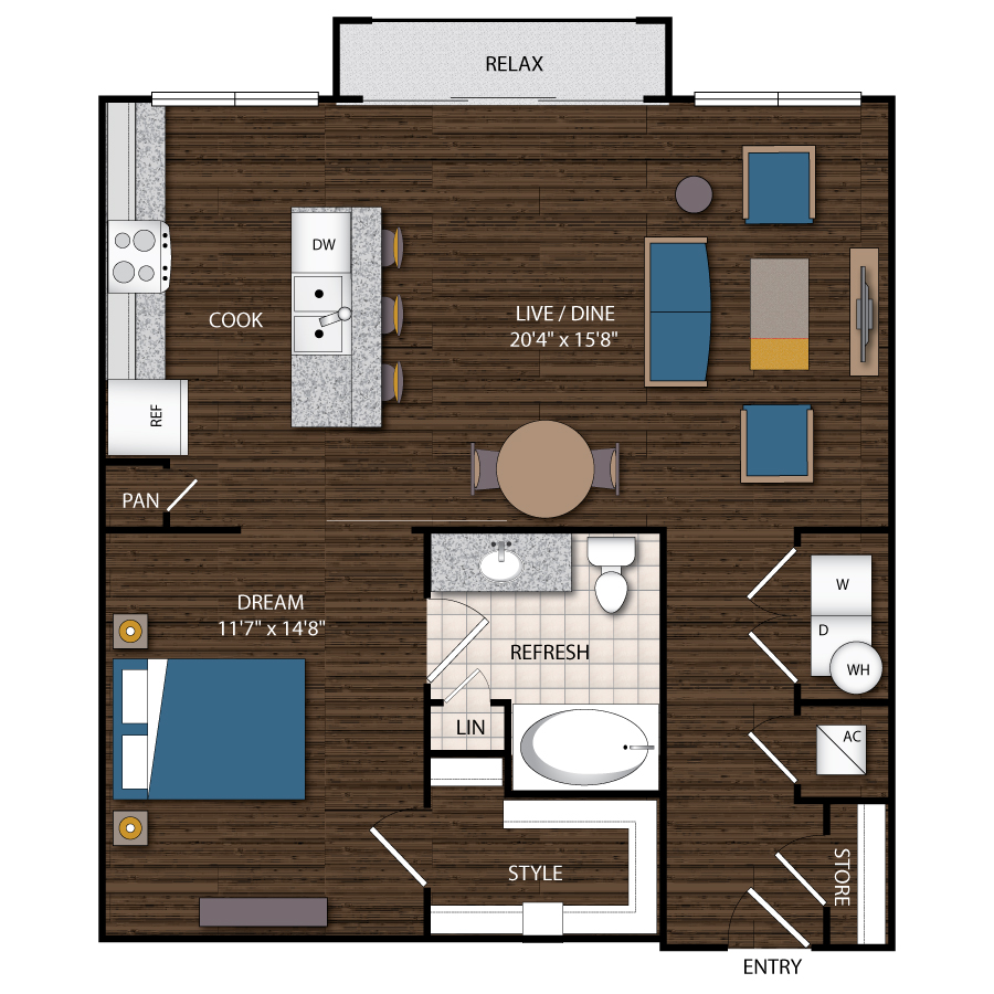 Rendering of the A8.1 floor plan with 1 bedroom[s] and 1 bathroom[s] at Magnolia Station