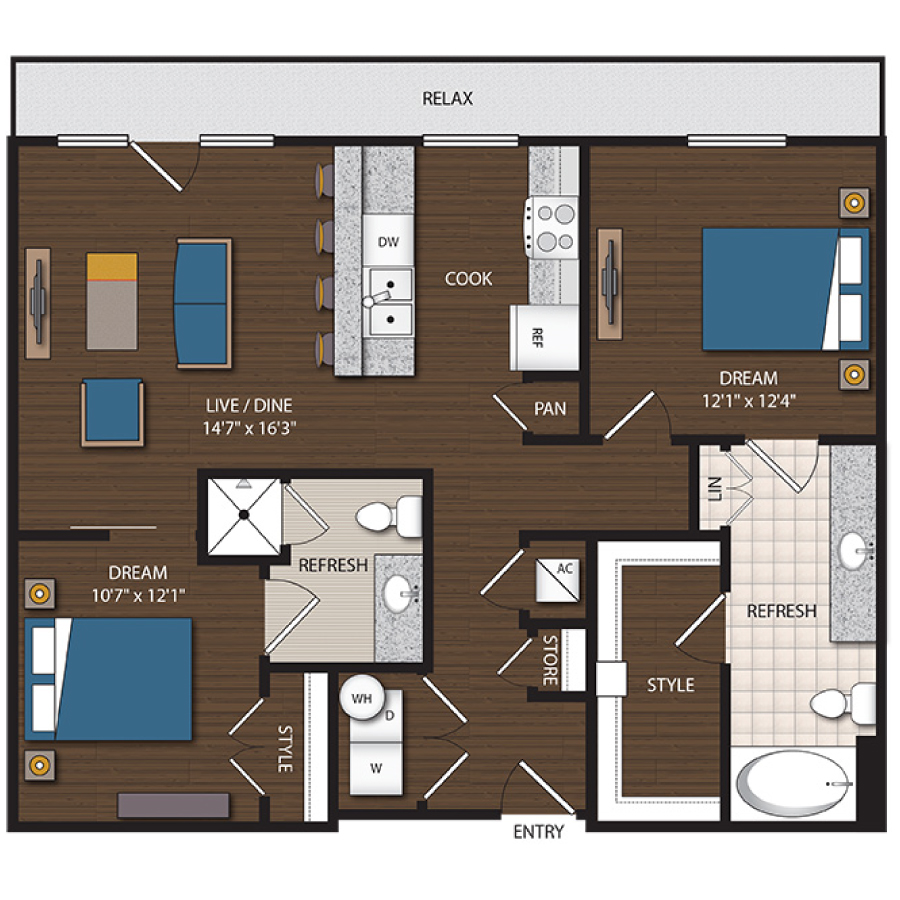 Rendering of the B1.1 floor plan with 2 bedroom[s] and 2 bathroom[s] at Magnolia Station