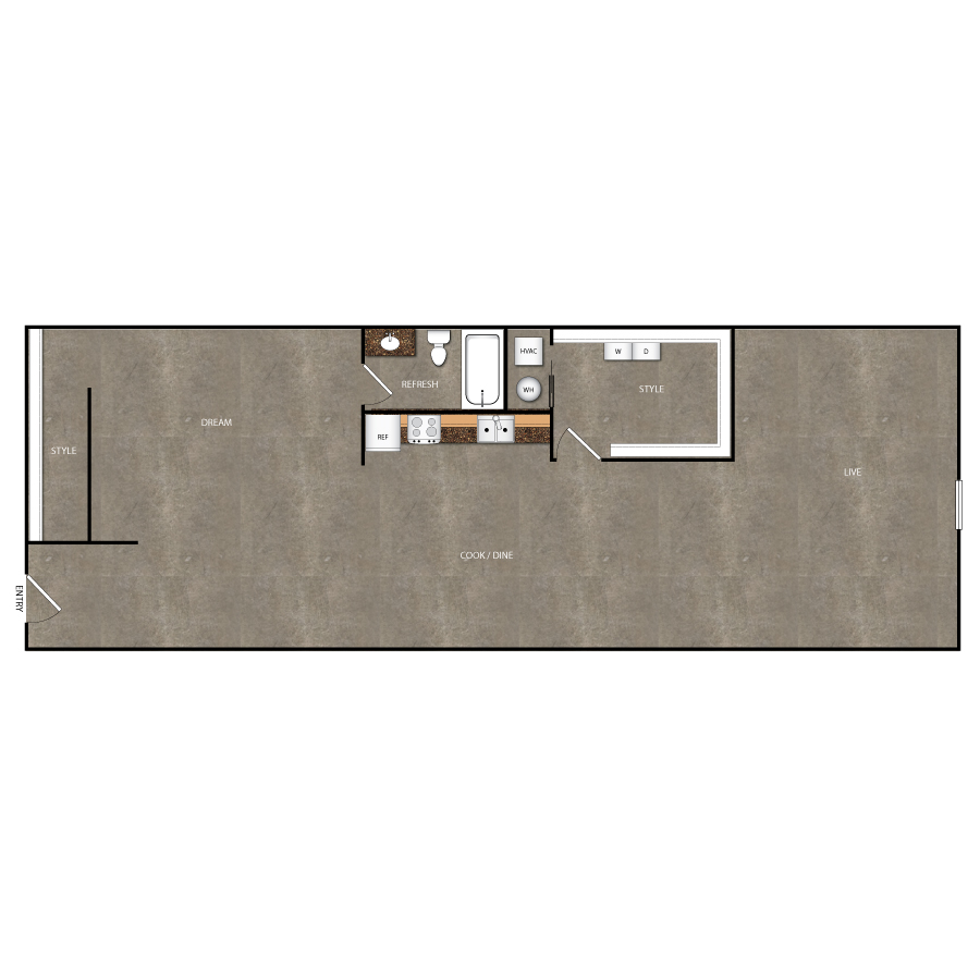 Rendering of the A104 floor plan with 1 bedroom[s] and 1 bathroom[s] at Magnolia Station