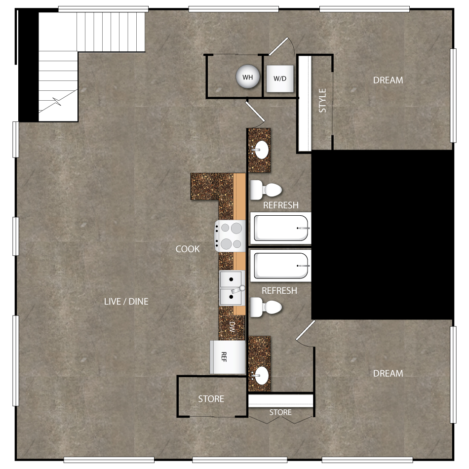 Rendering of the Vault floor plan with 2 bedroom[s] and 2 bathroom[s] at Magnolia Station